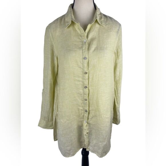 Tahari 100% Linen Button-Down yellow/lime green Long Sleeve Tunic Top Sz S - Picture 1 of 6